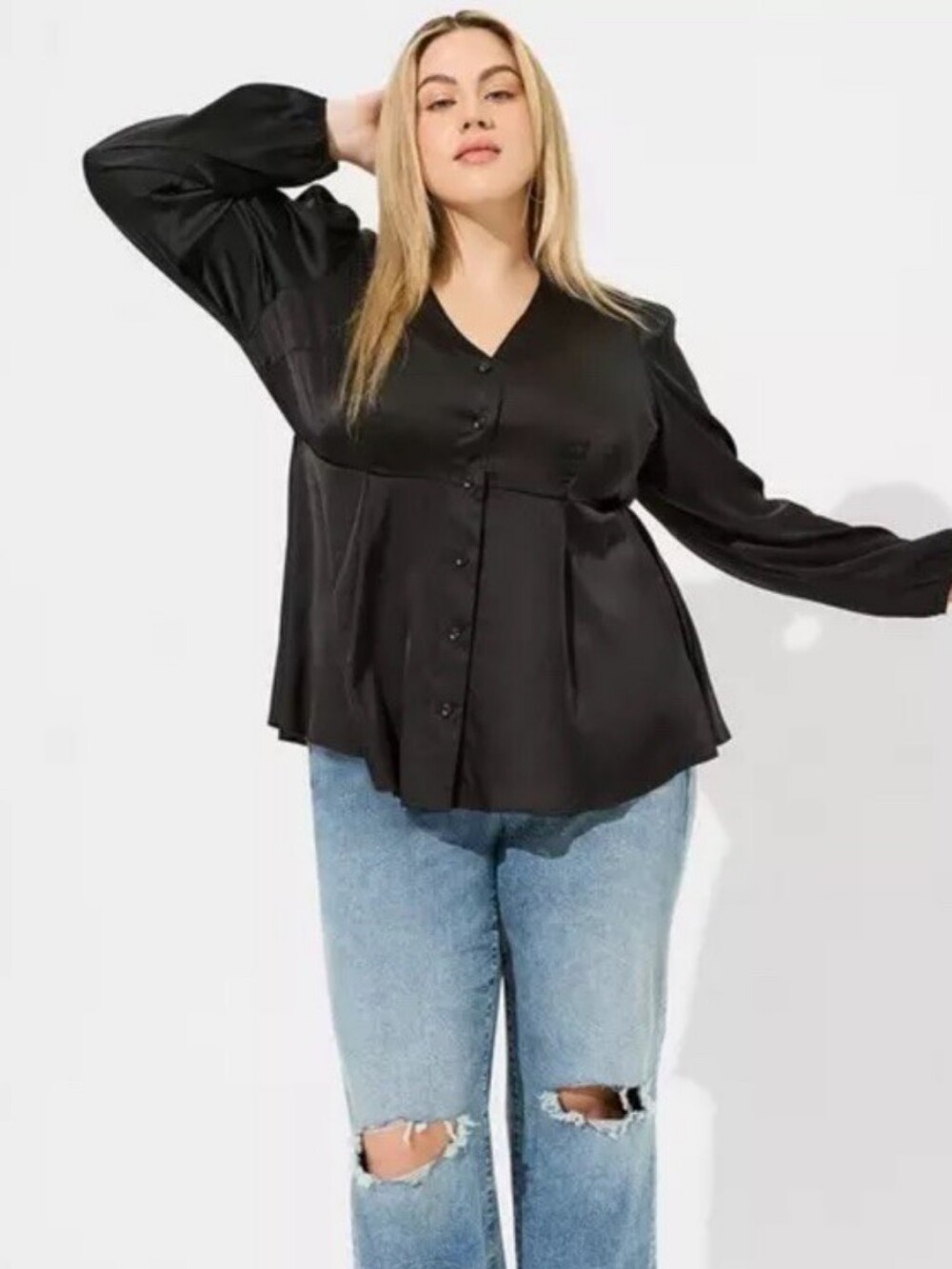 torrid Satin Black Button-Front V-Neck Long Sleeve Blouse